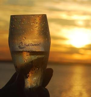 一只手拿着一杯啤酒，背景是日落