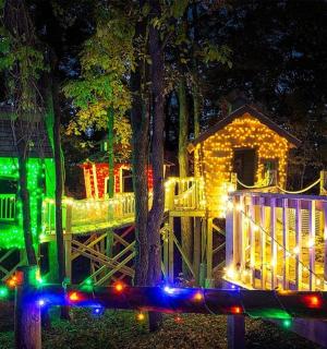 dům ozdobený vánočními světly na zahradě