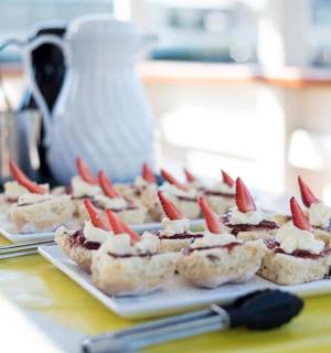 a row of pastries on plates on a counter