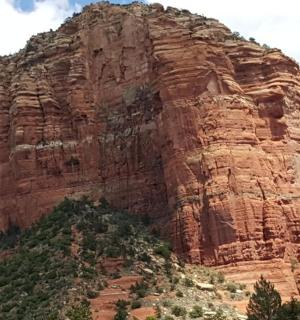 一座巨大的岩石山，山前有树木