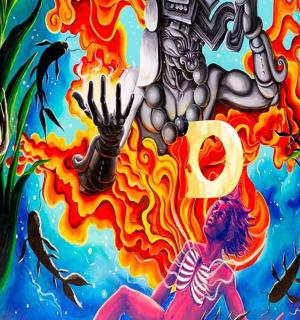 墙上画着一个人和一个怪物