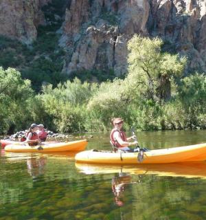 a group of people in kayaks on a river