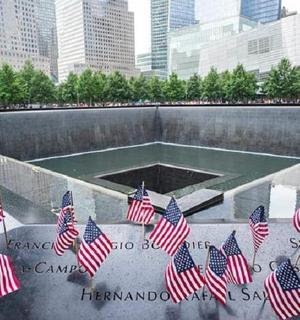 a group of american flags in front of a monument