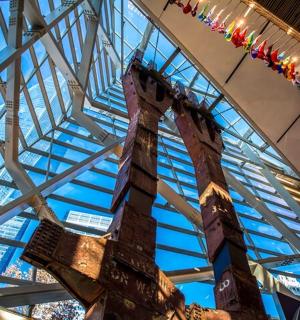 a view of the ceiling of a building with windows