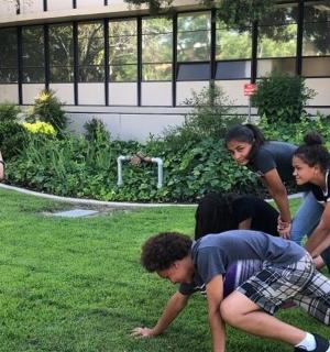 skupinka mladých chlapců hrajících si v trávě