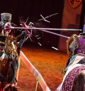 马戏团里骑马的一名男子和一名女子