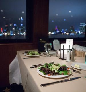 a table with two plates of food on a table