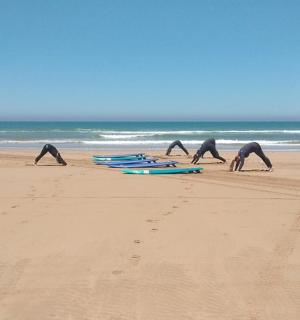 Skupina lidí pracujících na surfových prknech na pláži