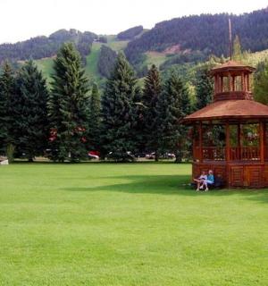 osoba sedící v altánku na poli