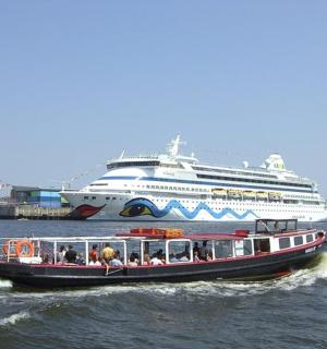 a boat in the water with a cruise ship in the background