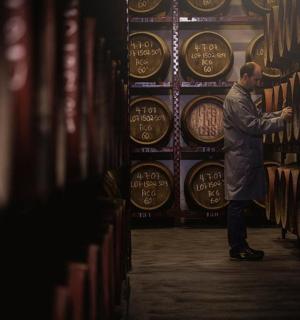 a man standing in front of a wall of wine barrels