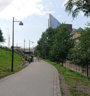 一座有建筑物的城市中的自行车道