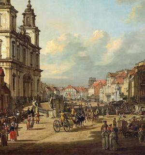 一幅描绘人群熙攘的城市街道的画