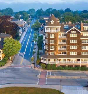 an aerial view of a large building on a street