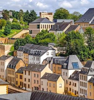 an aerial view of a town with buildings
