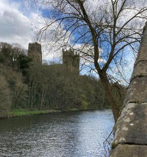 a view of a river with a castle in the background