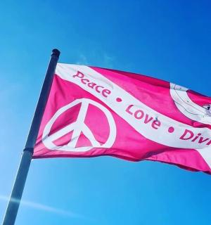 růžová vlajka vlající na modré obloze