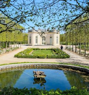 建筑物前有池塘的花园