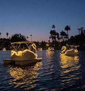 夜晚水中的一群船