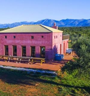 ein großes rosa Gebäude mit Bänken davor