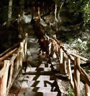 a wooden bridge with a wooden fence on a trail