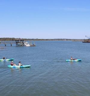 一群人划着皮划艇在水域中