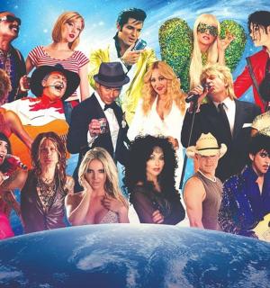 a group of people standing around a world singing