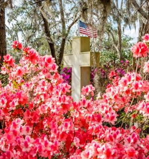 a grave with an american flag and pink flowers