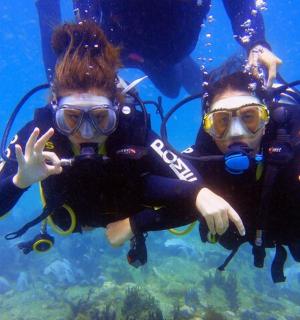 两个戴着水肺装备的人在水中潜水