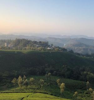 a green hillside with a town on top of it