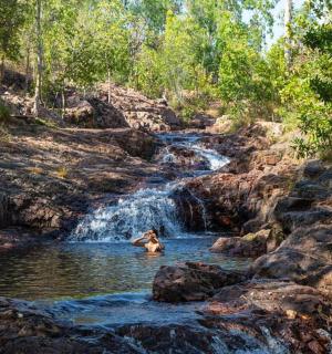 a person swimming in a river with a waterfall