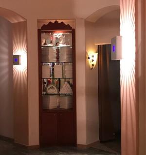 一个房间里有一个壁橱，壁橱里有一个放着眼镜的架子