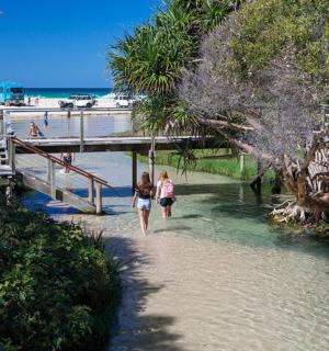 两个人在海滩附近的水中行走
