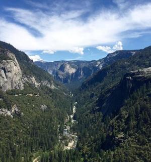 a view of a canyon with trees and mountains