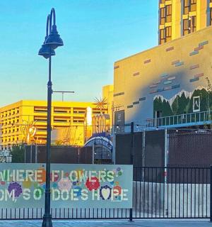 a street light in front of a building
