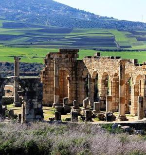 田野里有柱子和拱门的建筑