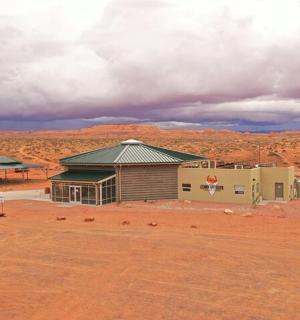 a building in the middle of the desert