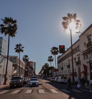 a busy city street with palm trees and cars