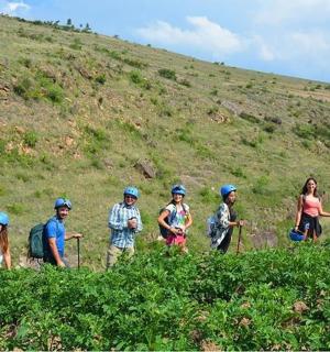 a group of people walking up a hill