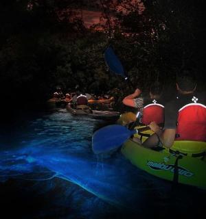 un grupo de personas en una balsa en un río