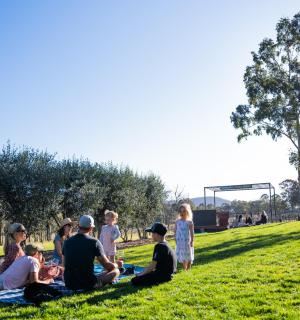 sekumpulan orang duduk di atas rumput di padang