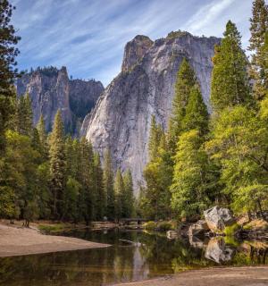 řeka v lese s horou v pozadí