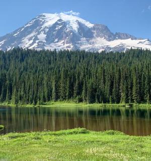 zasněžená hora s jezerem a stromy