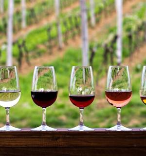 a row of wine glasses sitting on a ledge