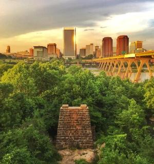 一座有桥梁和树木的城市景观