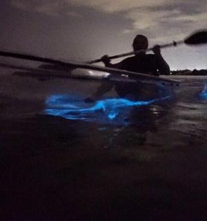 Muž vesluje v noci na lodi ve vodě