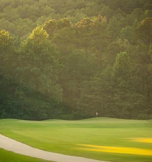 Pár jedoucí na golfovém vozíku na golfovém hřišti