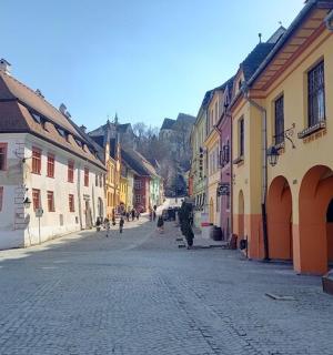 o stradă cu oameni care merg pe o stradă pietruită