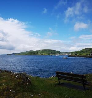a bench sitting on the side of a body of water