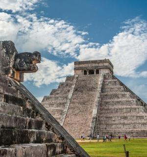 a view of the pyramid at the mayan ruins